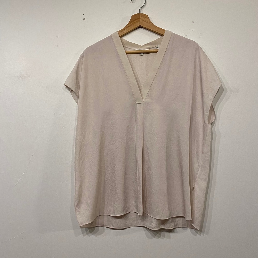 Vince Womens V-Neck Short Sleeve Triacetate Blouse Pale Pink Size L